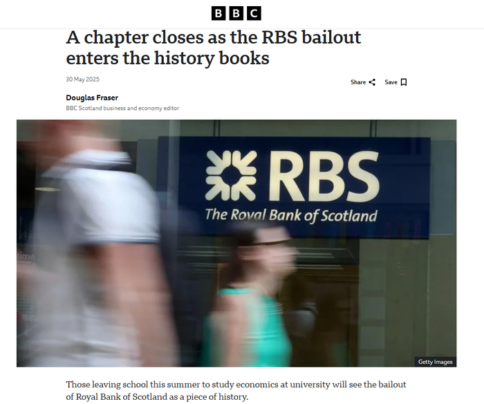 Screenshot of a news article detailing the history and final sale of the UK government's stake in Royal Bank of Scotland (RBS), now NatWest Group, confirming an estimated £10.5 billion loss to the taxpayer.